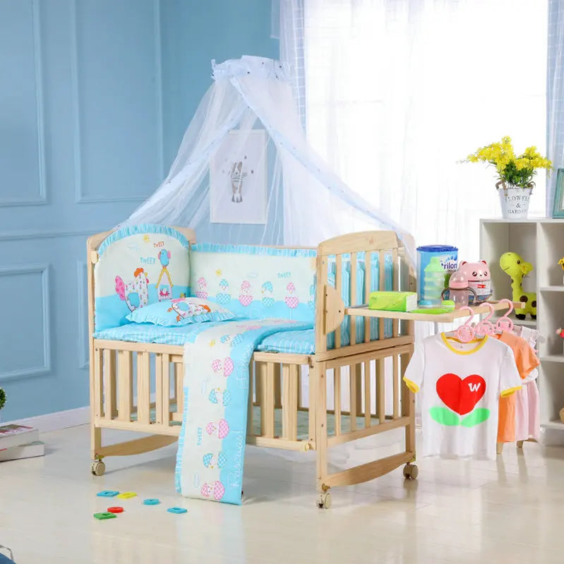 Beedome Pine Baby Crib with Shelf – Extendable 1.4m Kids Bed & Rocking Cradle with Wheels