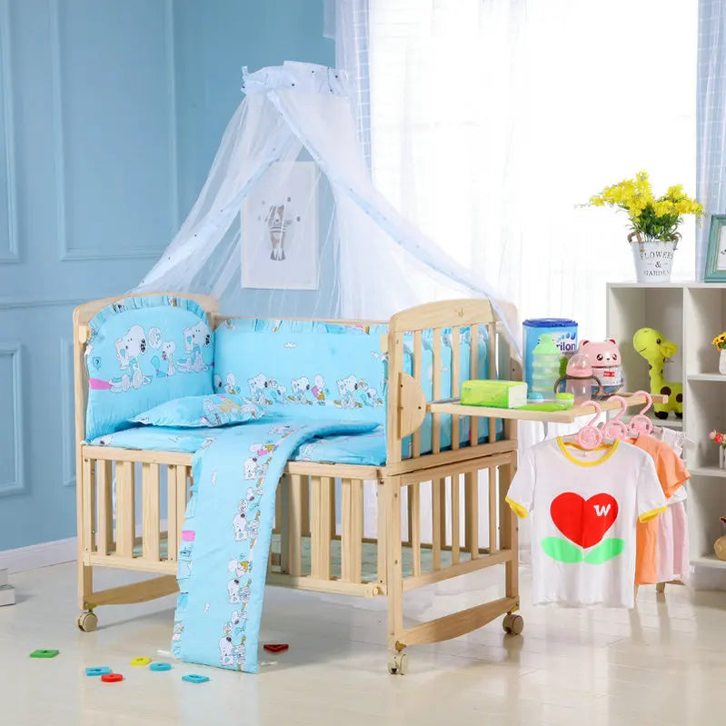 Beedome Pine Baby Crib with Shelf – Extendable 1.4m Kids Bed & Rocking Cradle with Wheels