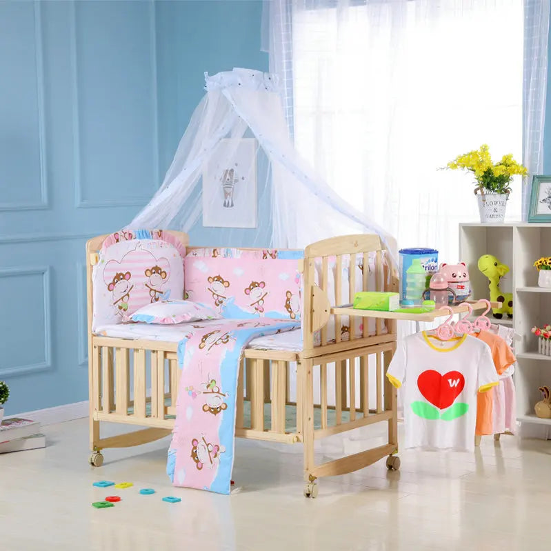 Beedome Pine Baby Crib with Shelf – Extendable 1.4m Kids Bed & Rocking Cradle with Wheels