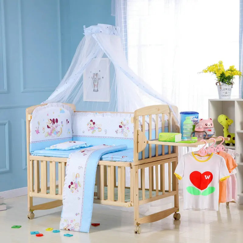 Beedome Pine Baby Crib with Shelf – Extendable 1.4m Kids Bed & Rocking Cradle with Wheels