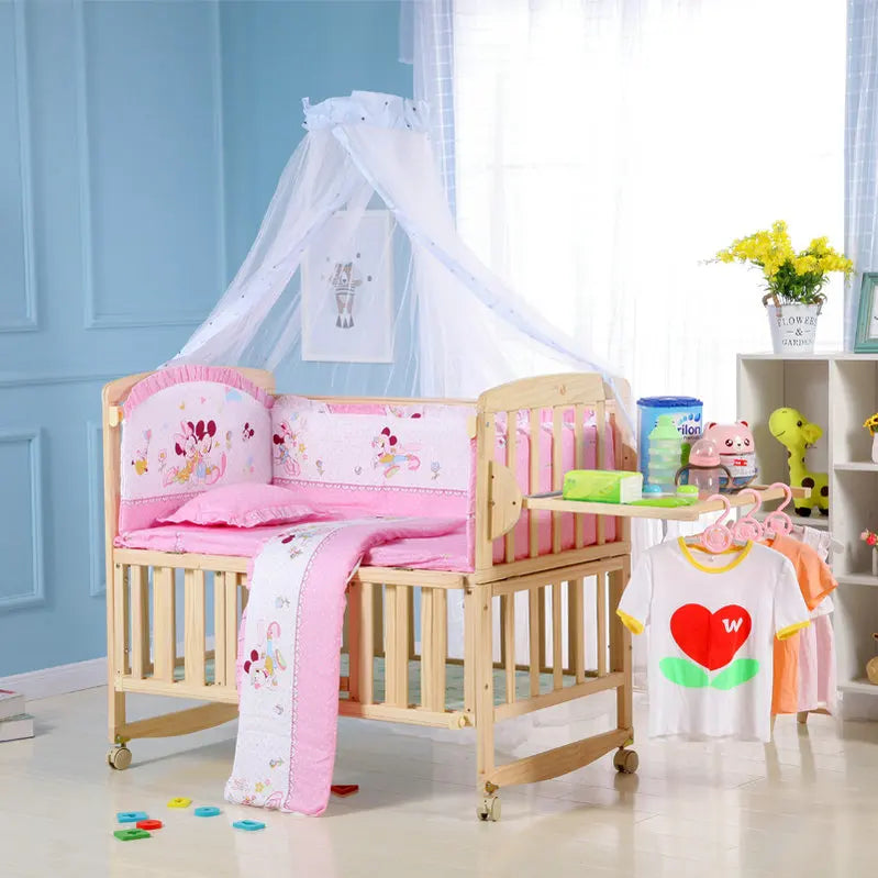 Beedome Pine Baby Crib with Shelf – Extendable 1.4m Kids Bed & Rocking Cradle with Wheels