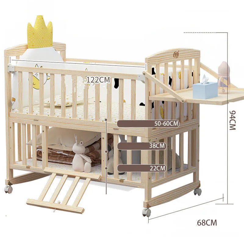 Solid Pine Wood Baby Crib – Extendable & Multifunctional Bed for Growing Kids (0-12 Years)