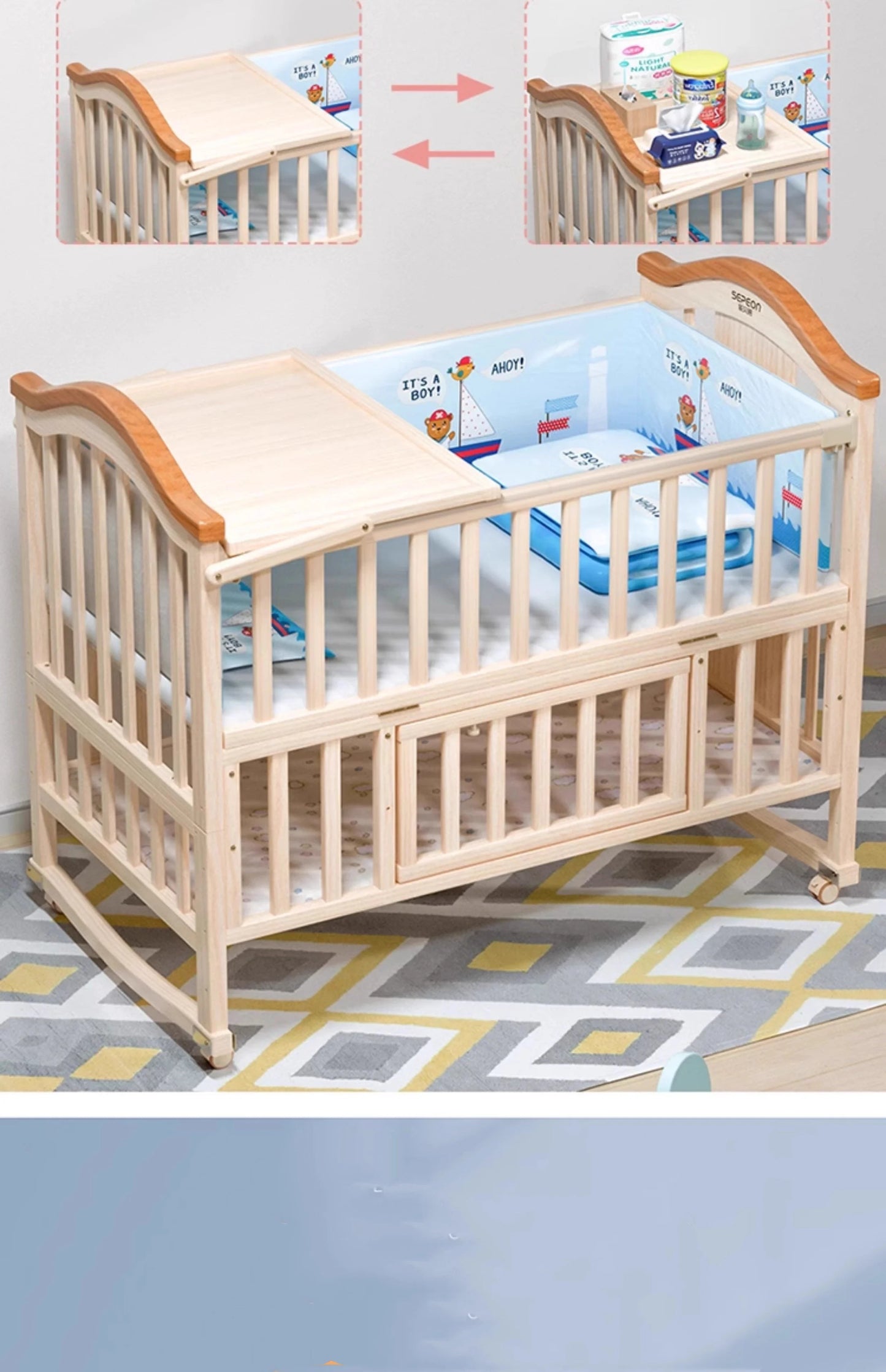 Natural Pine Wood Rocking Cradle – Multifunctional Baby Crib with Mosquito Net