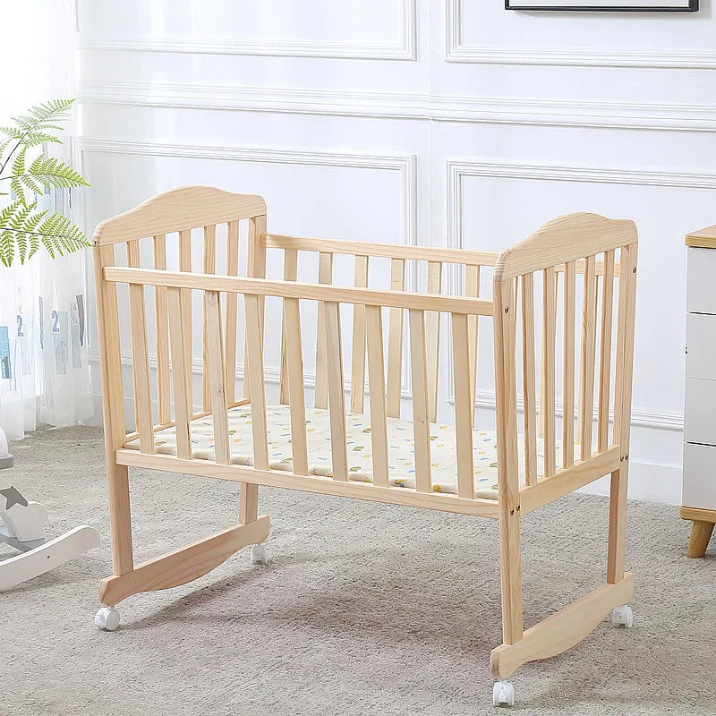 Simple Solid Wood Baby Crib – Movable & Modern Newborn Bed with Rollers