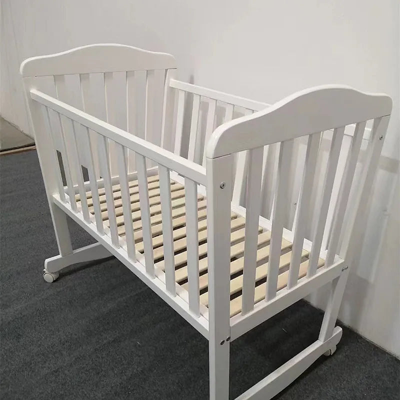 Simple Solid Wood Baby Crib – Movable & Modern Newborn Bed with Rollers