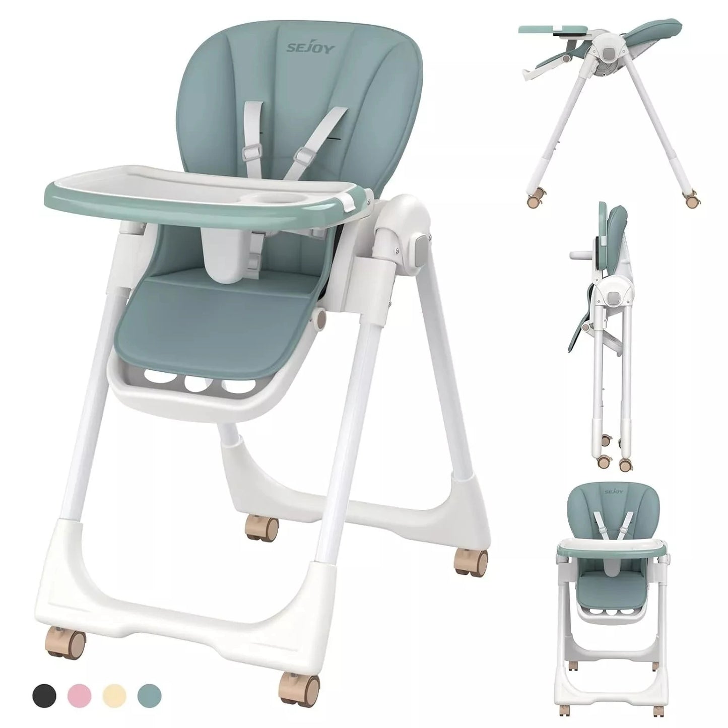 Sejoy Foldable Baby High Chair – Adjustable Backrest, Double Removable Tray, PU Leather Cushion