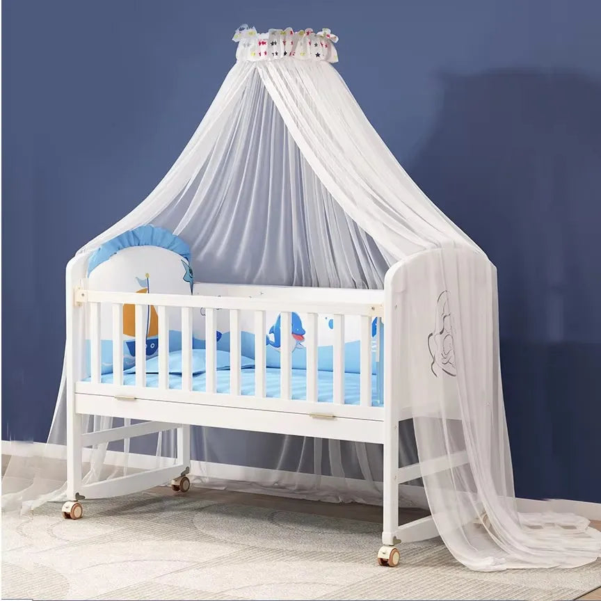 🌟 Multifunctional Natural Pine Wood Rocking Cradle with Mosquito Net – 5-in-1 Baby Bed & Crib 🌟