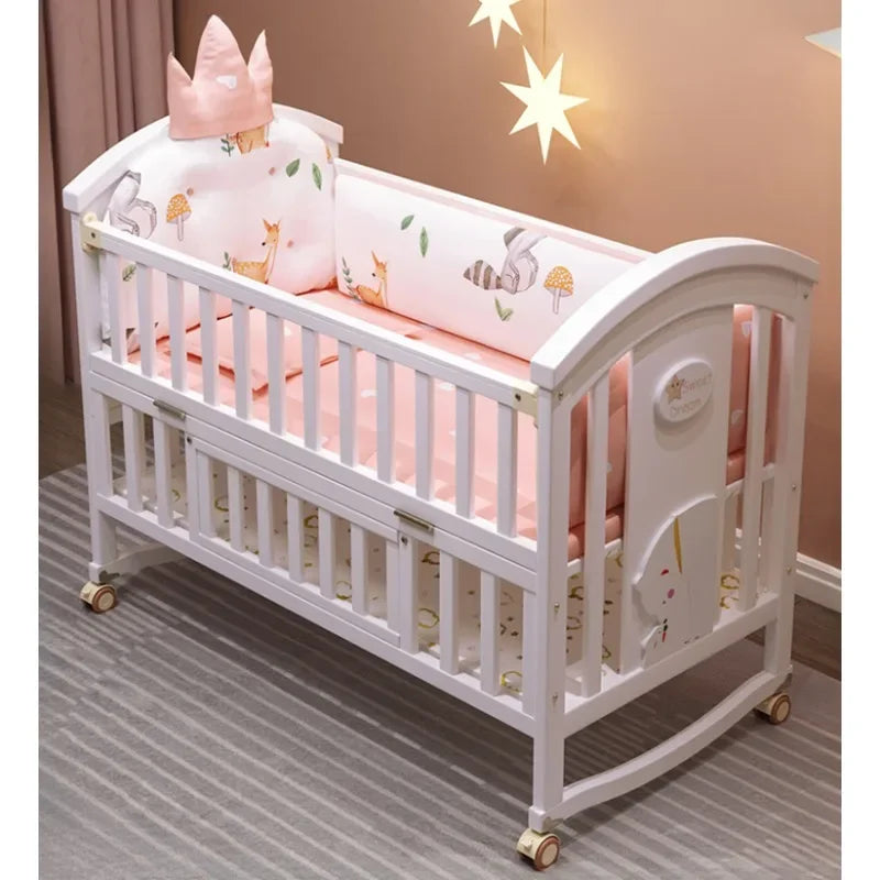 🌟 Solid Wood Spliced Crib – Multifunctional European Style Children’s Bed with Cradle, Mosquito Net & Rocking Chair 🌟