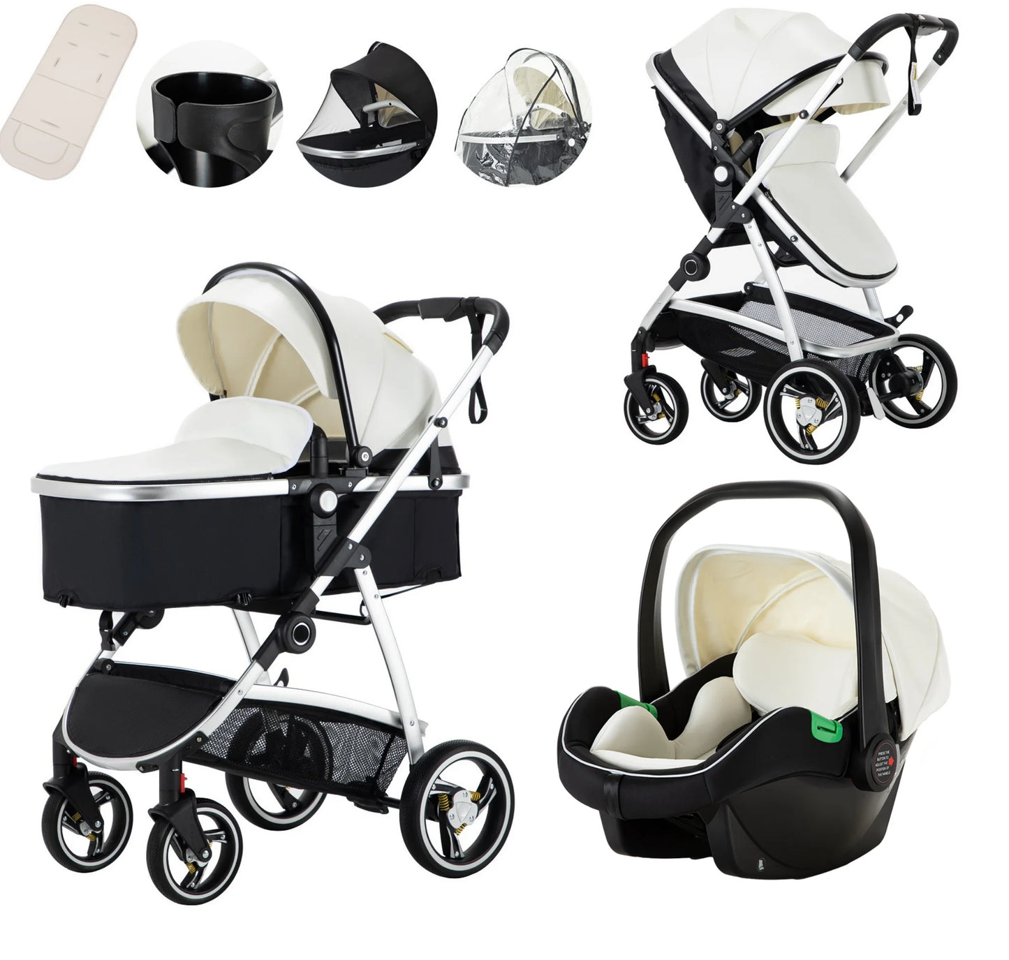 3-in-1 Baby Stroller – High Landscape, PU Leather, One-Click Folding Travel Stroller for Newborns