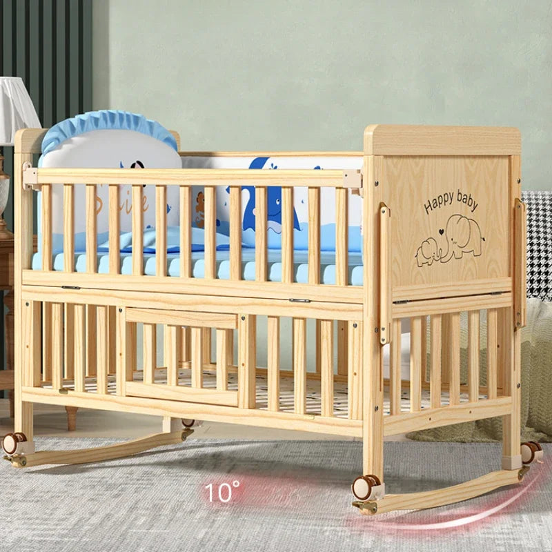 Solid Wood Multifunctional Baby Cradle Bed – Movable & Splicable with Wheels