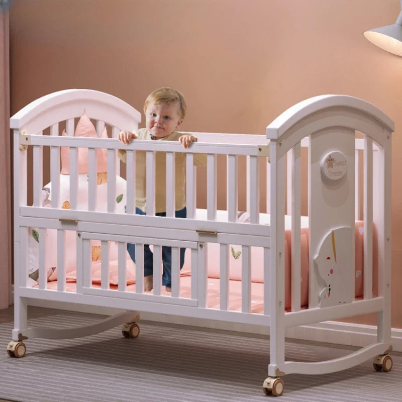 🌟 Solid Wood Spliced Crib – Multifunctional European Style Children’s Bed with Cradle, Mosquito Net & Rocking Chair 🌟