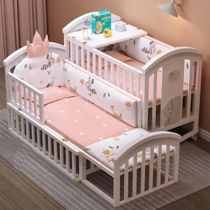 🌟 Solid Wood Spliced Crib – Multifunctional European Style Children’s Bed with Cradle, Mosquito Net & Rocking Chair 🌟