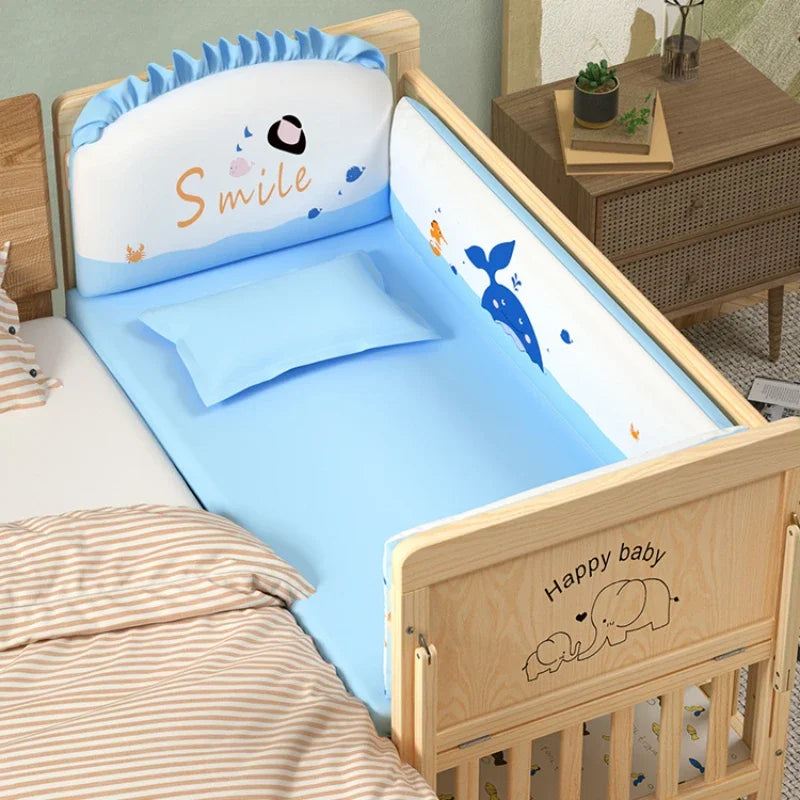 Solid Wood Multifunctional Baby Cradle Bed – Movable & Splicable with Wheels