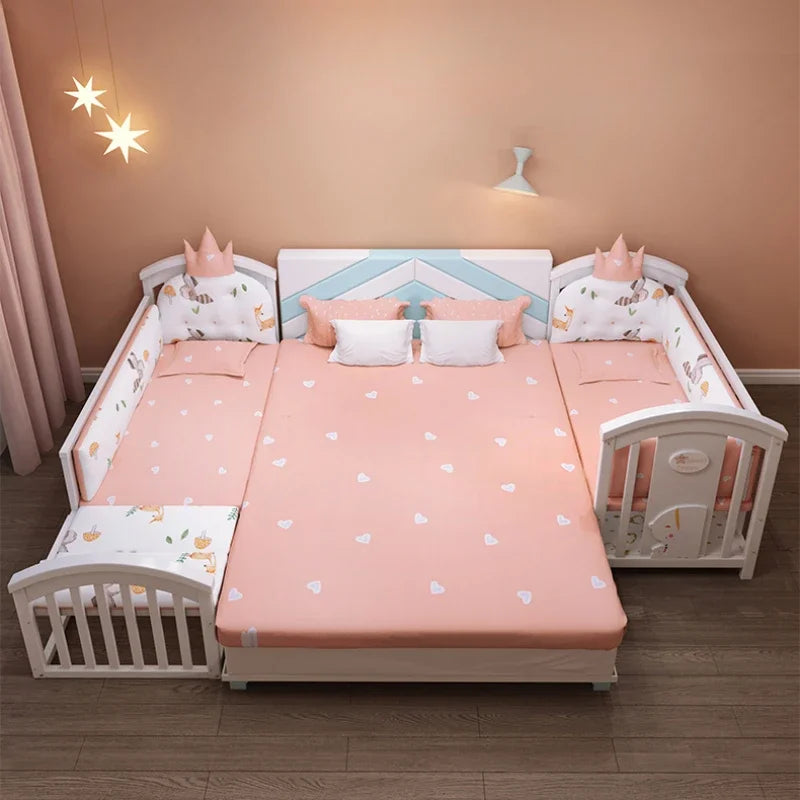 🌟 Solid Wood Spliced Crib – Multifunctional European Style Children’s Bed with Cradle, Mosquito Net & Rocking Chair 🌟