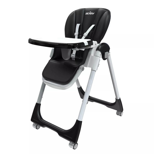 Sejoy Foldable Baby High Chair – Adjustable Backrest, Double Removable Tray, PU Leather Cushion