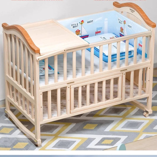 Natural Pine Wood Rocking Cradle – Multifunctional Baby Crib with Mosquito Net