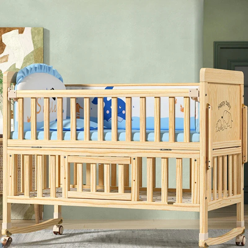 Solid Wood Multifunctional Baby Cradle Bed – Movable & Splicable with Wheels