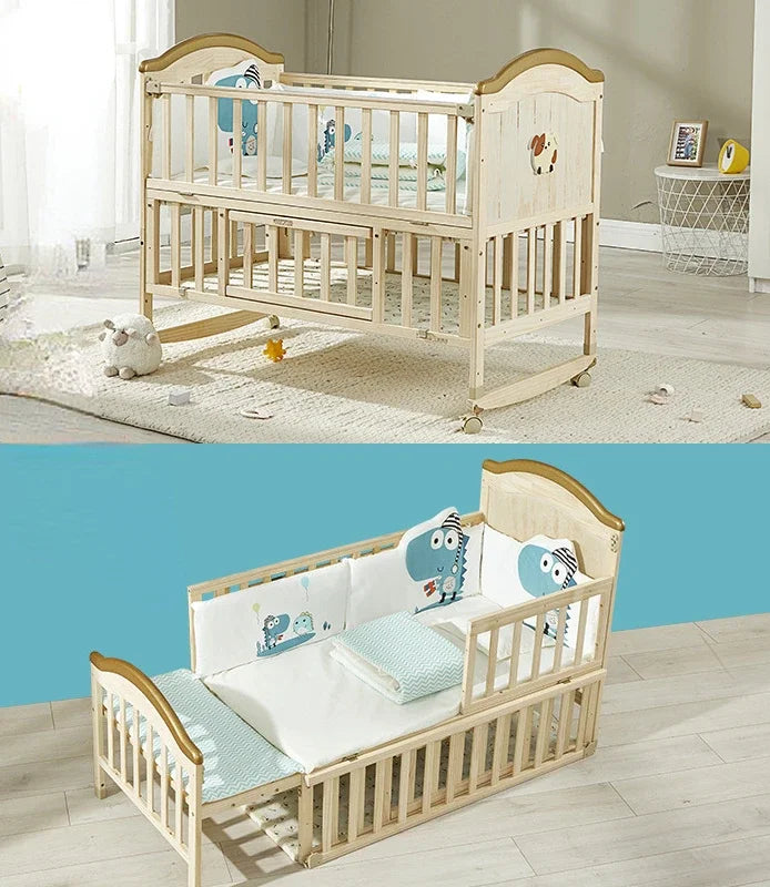 100×56cm Solid Wood Multi-Functional Baby Bed – Adjustable Toddler Crib with Mosquito Net & Wheels