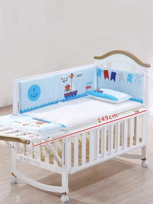 🌟 1M White Pine Wood Baby Crib with Mosquito Net & Bedding Set – Soft Rocker, Removable Wheels & Side Bed Function 🌟