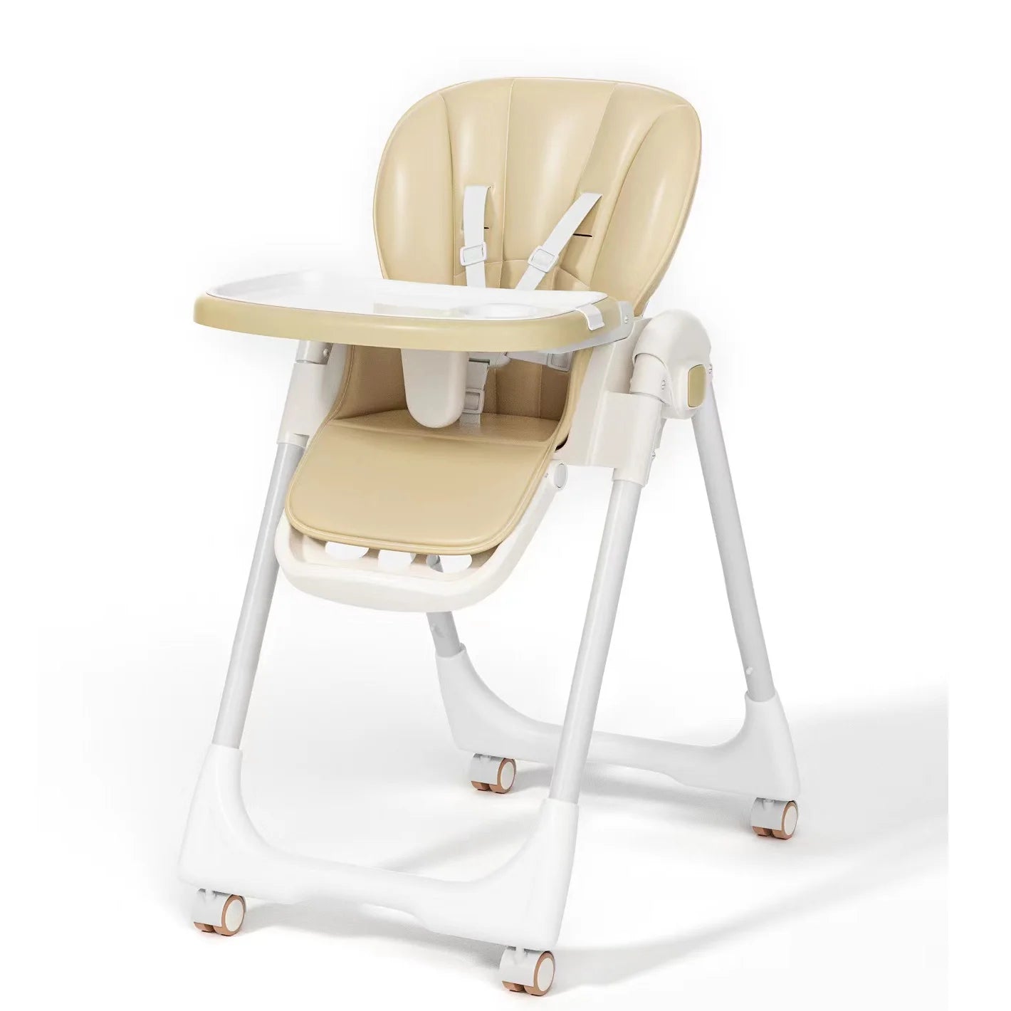 Sejoy Foldable Baby High Chair – Adjustable Backrest, Double Removable Tray, PU Leather Cushion