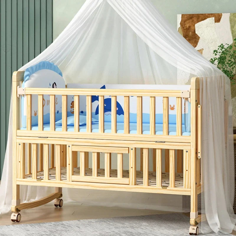 Solid Wood Multifunctional Baby Cradle Bed – Movable & Splicable with Wheels