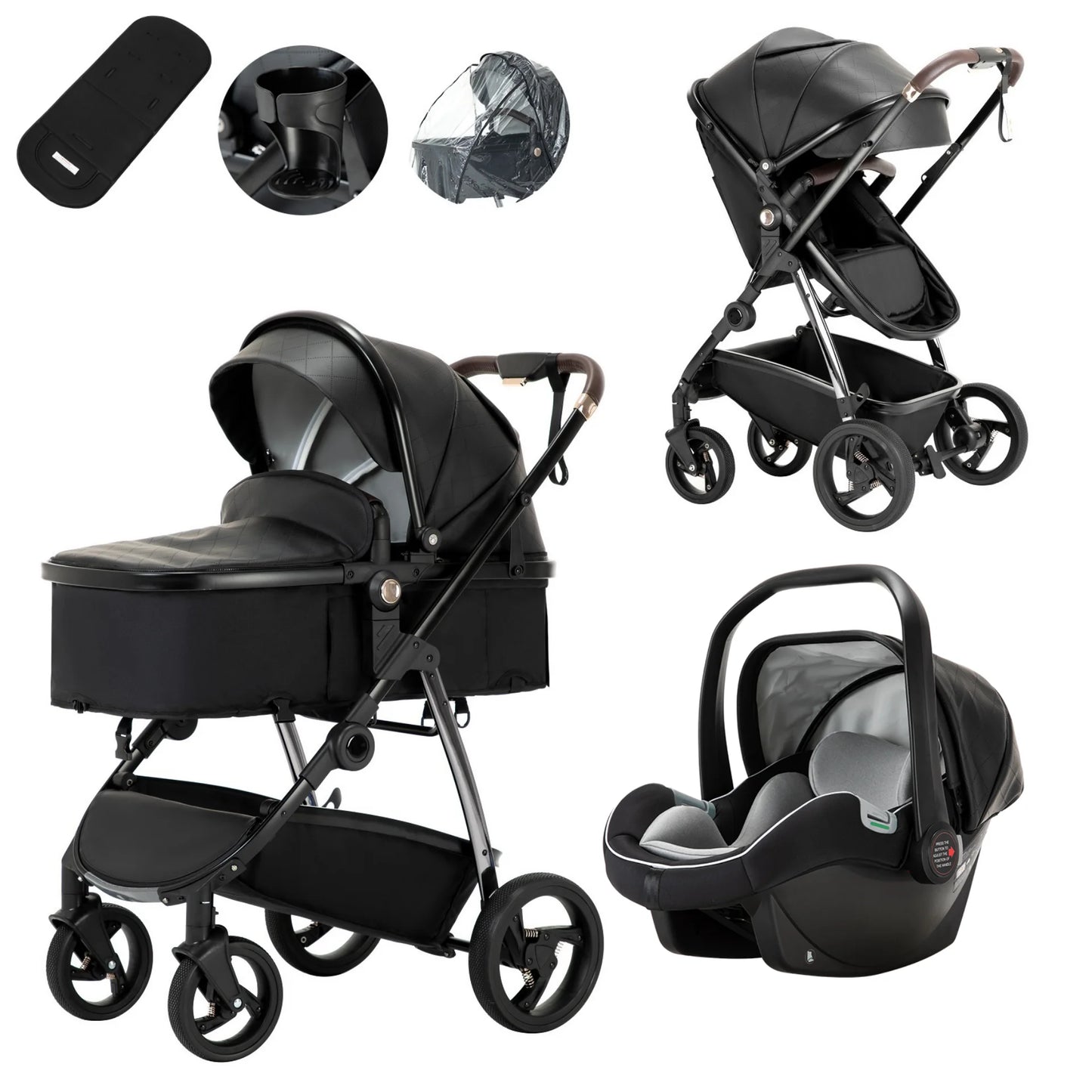 3-in-1 Baby Stroller – High Landscape, PU Leather, One-Click Folding Travel Stroller for Newborns