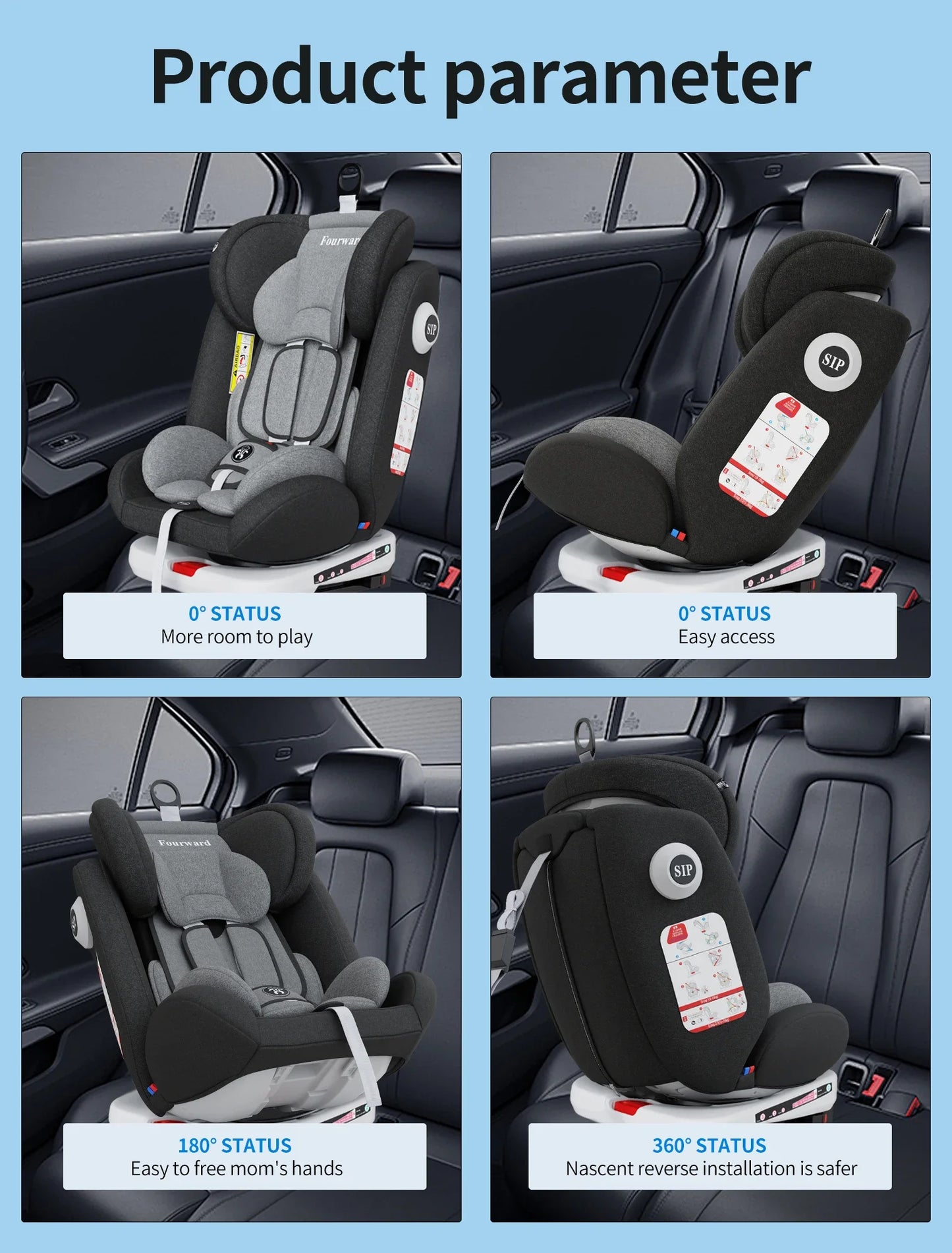 AP01 KL005 Child Car Seat 360° Rotating 5-Point Belt  ECE ISOFIX Child Safety Seat 9-36kg 0 -12 years Black